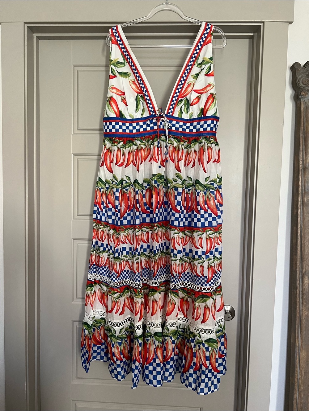 FARM Rio White Maxi Dress with Red Chili Print and Blue Check Accents